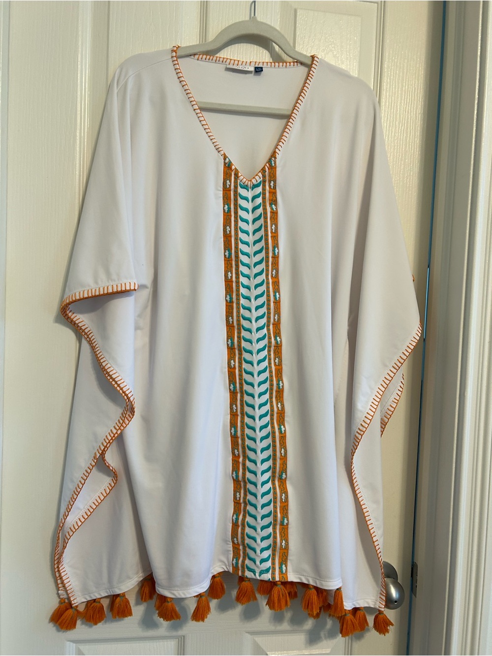 Cabana Life White Coverup with Orange Tassels and Teal Embroidery